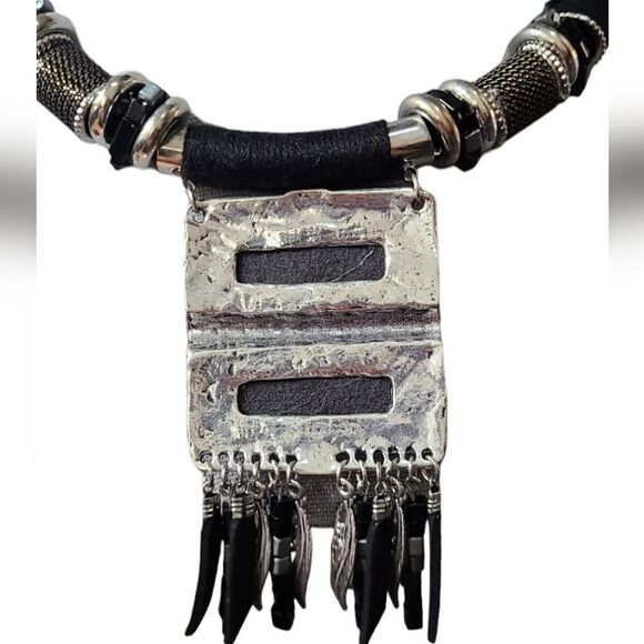 PARIS Necklace Tribal Ethnic Statement Black & Silver Solid Reversible 2… - Picture 4 of 12